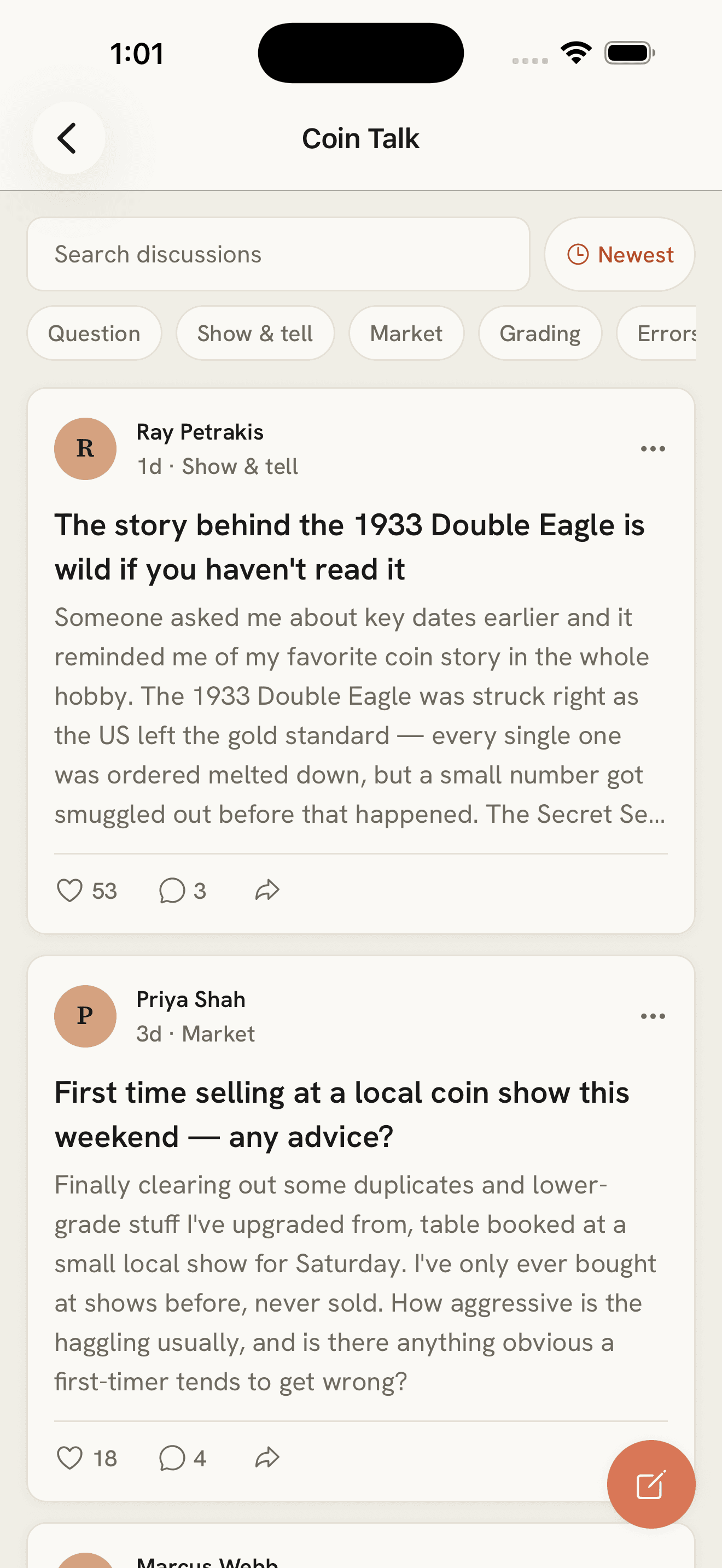 MintLens Coin Talk community feed with posts about the 1933 Double Eagle and selling at a coin show