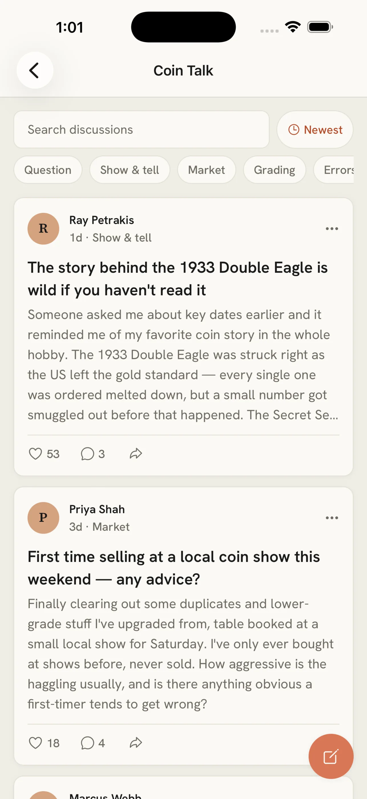 MintLens Coin Talk community feed with posts about the 1933 Double Eagle and selling at a coin show