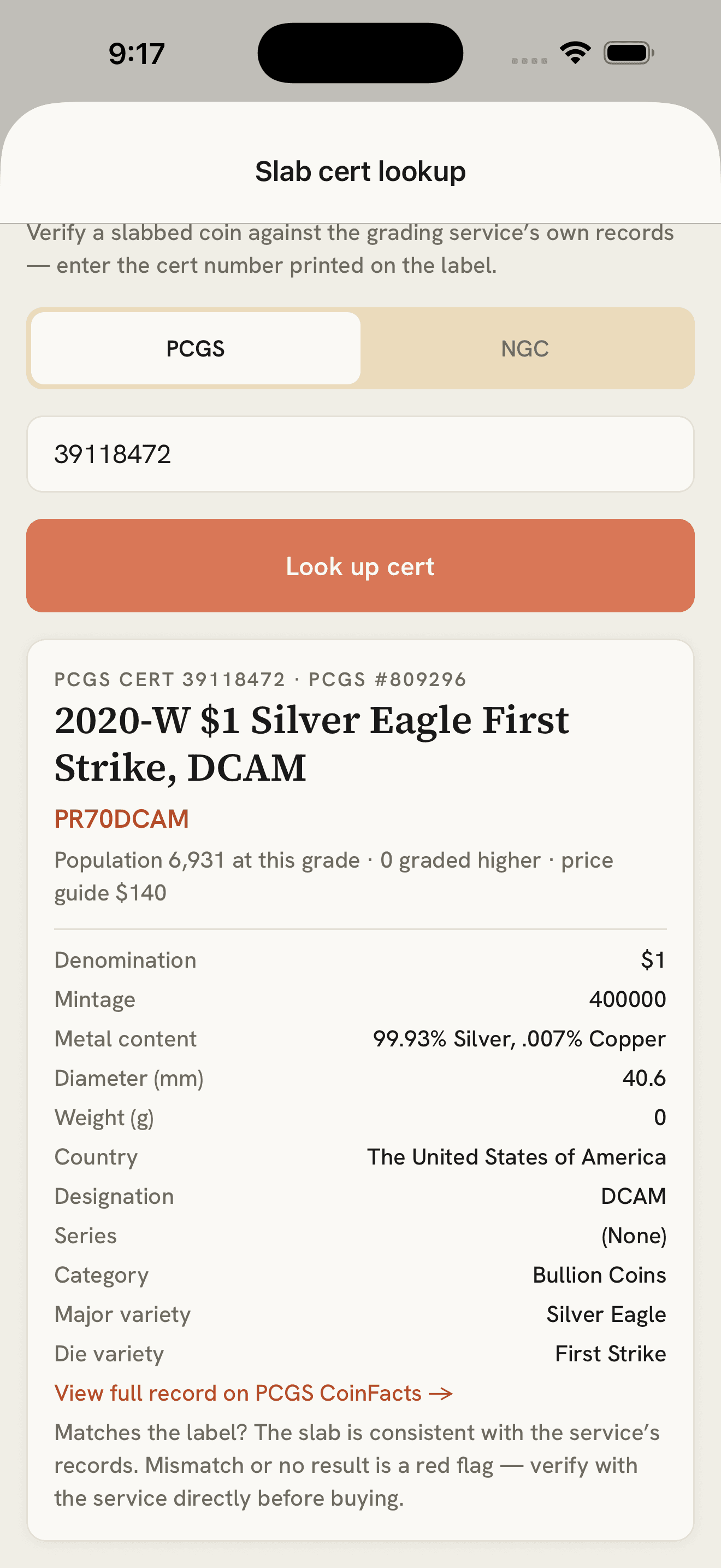 MintLens PCGS cert lookup showing a verified 2020-W Silver Eagle First Strike DCAM with population and price guide data