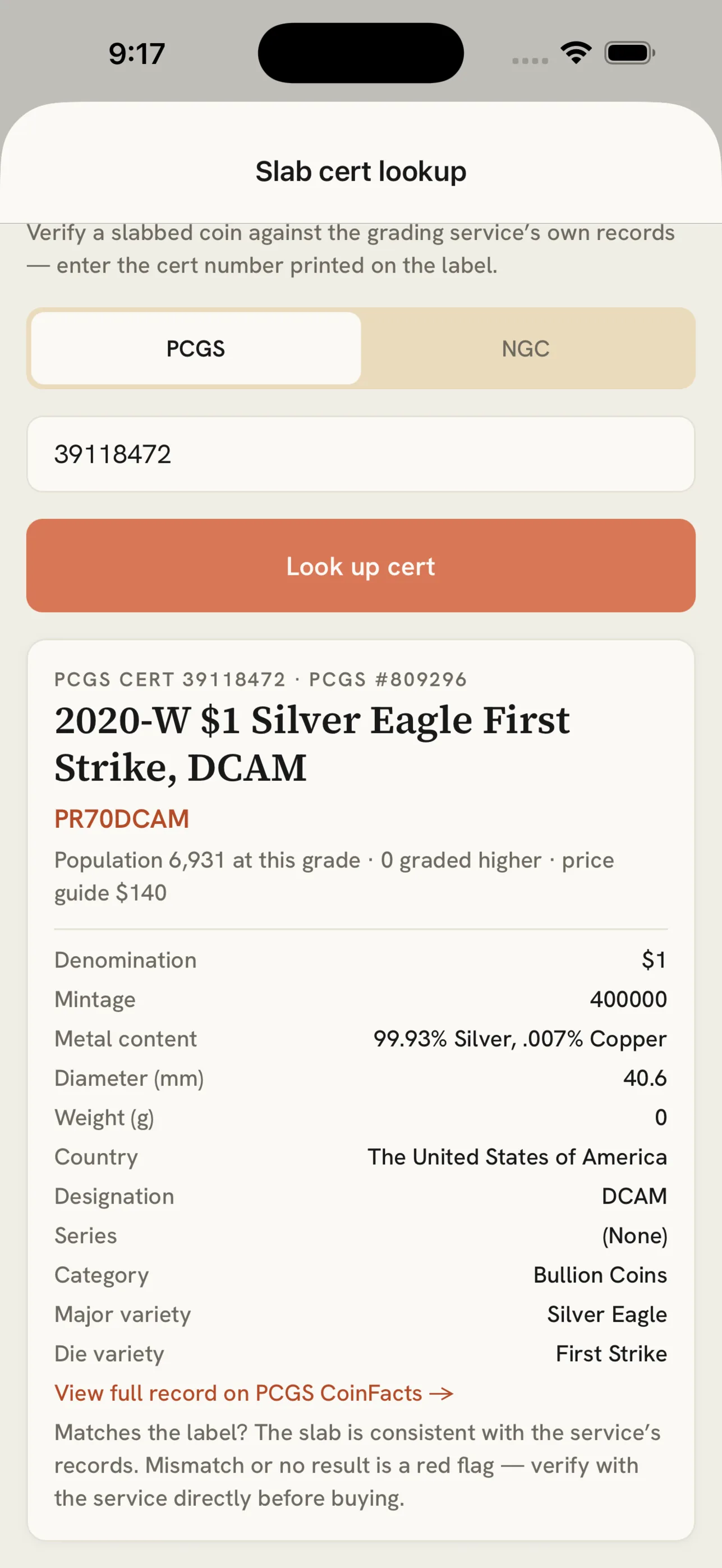 MintLens PCGS cert lookup showing a verified 2020-W Silver Eagle First Strike DCAM with population and price guide data
