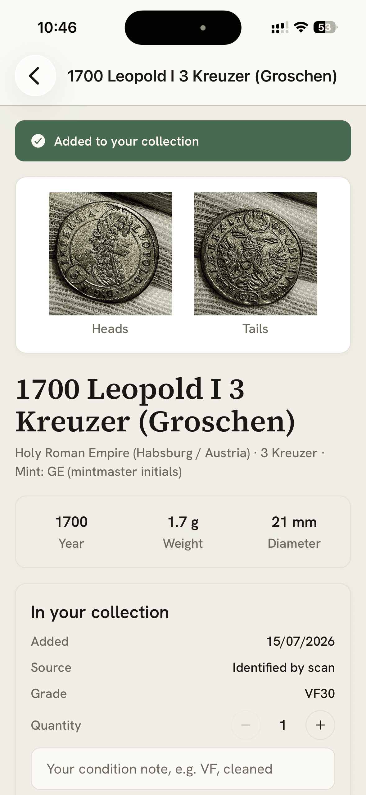 MintLens result screen showing a 1700 Leopold I 3 Kreuzer identified with heads and tails photos, grade VF30, and collection details