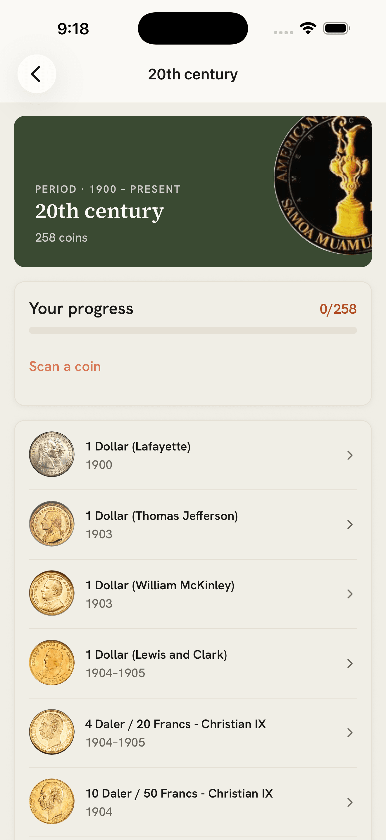 MintLens series detail screen listing 20th century coins with collection progress