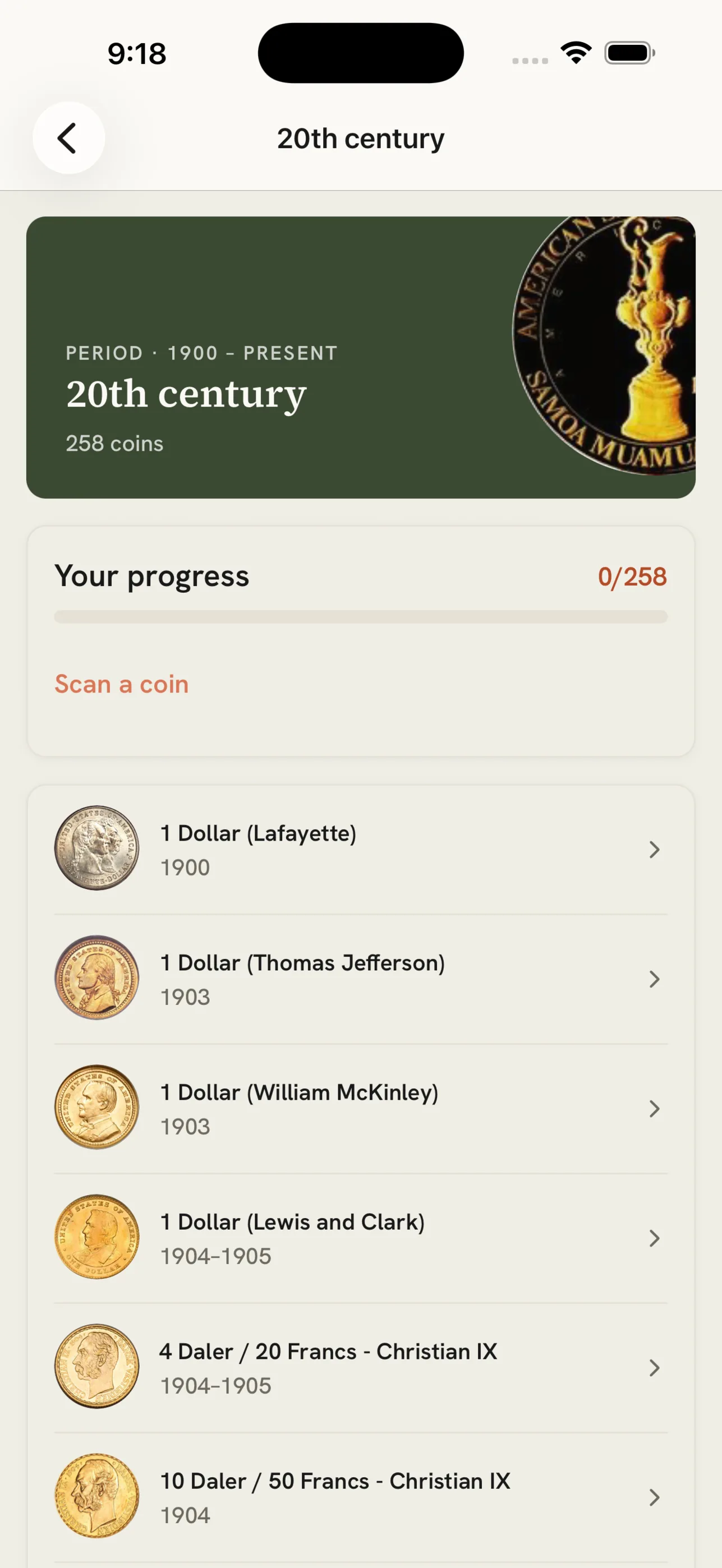 MintLens series detail screen listing 20th century coins with collection progress