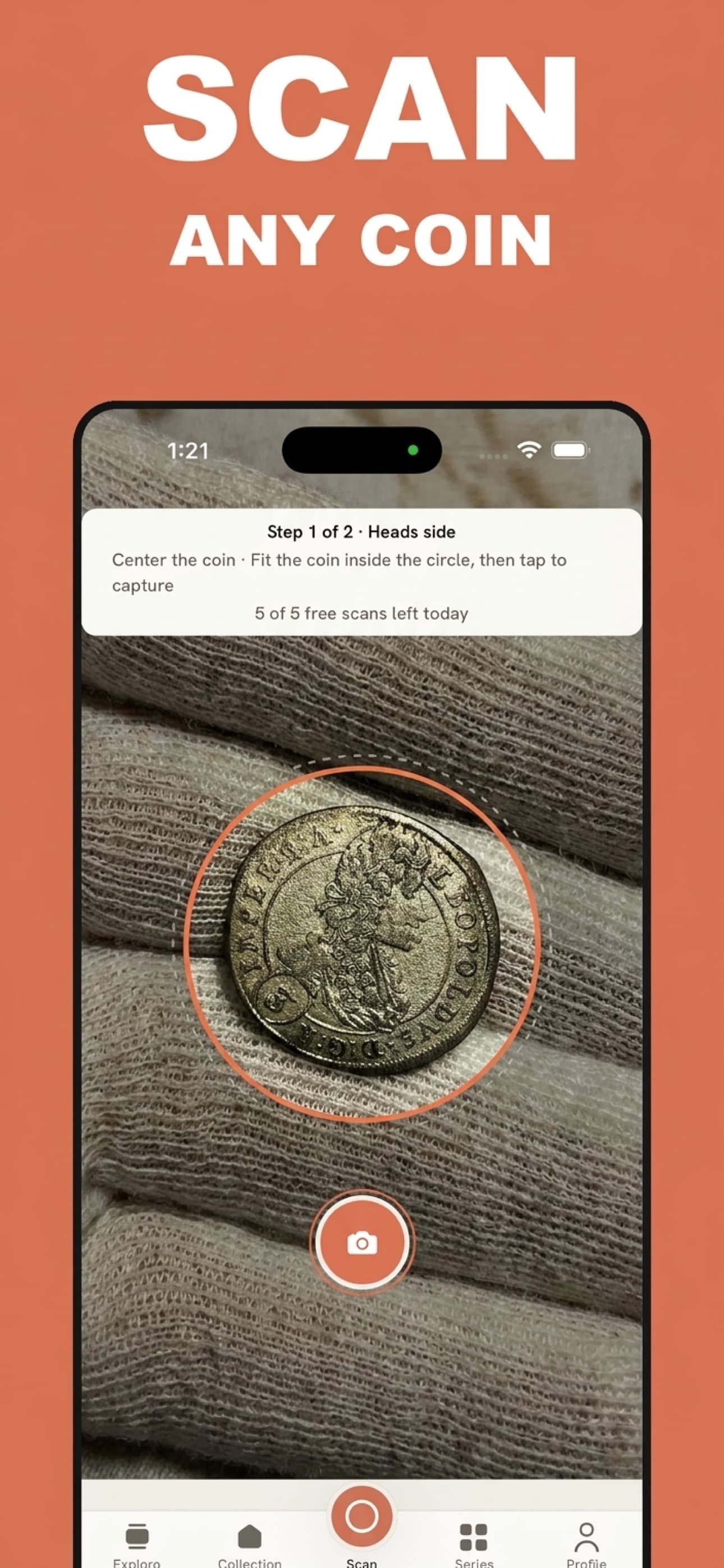 MintLens App Store screenshot: Scan Any Coin, showing the guided capture screen framing a coin against a knit fabric background