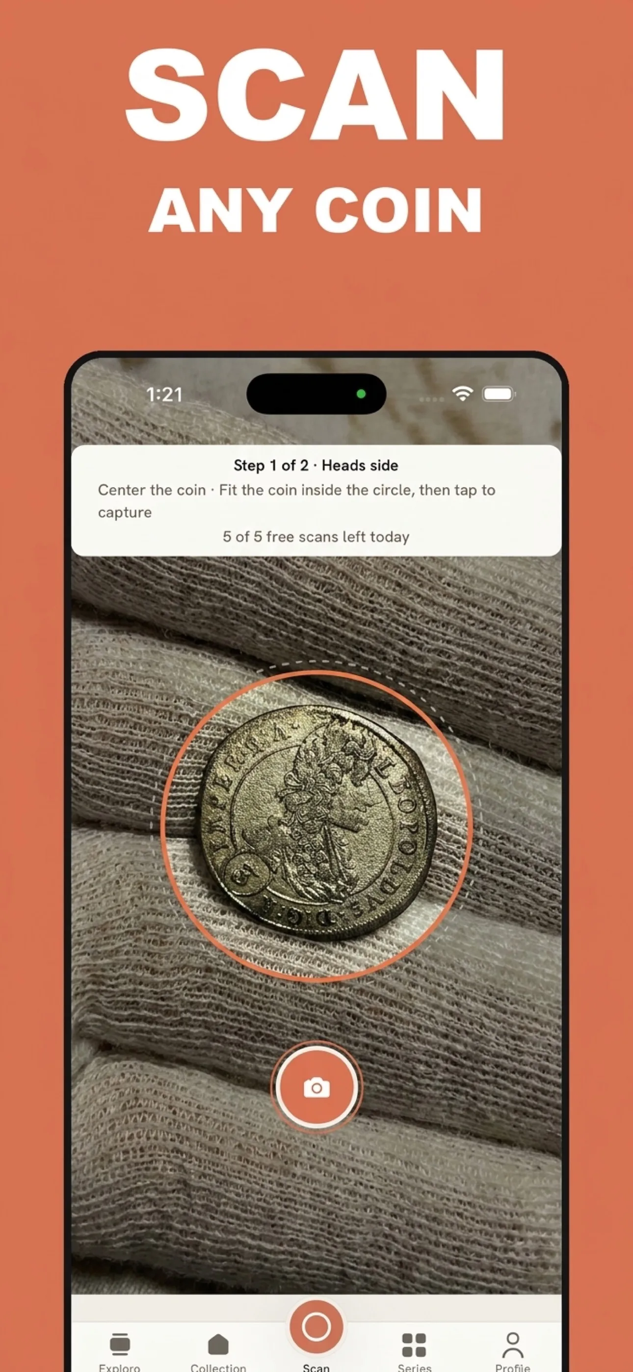 MintLens App Store screenshot: Scan Any Coin, showing the guided capture screen framing a coin against a knit fabric background
